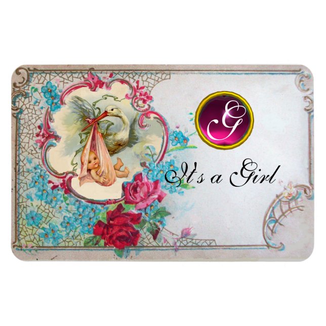 STORK BABY GIRL SHOWER MONOGRAM MAGNET (Horizontal)