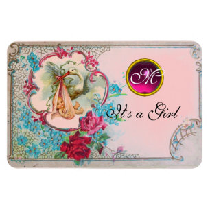 STORK BABY GIRL SHOWER MONOGRAM MAGNET