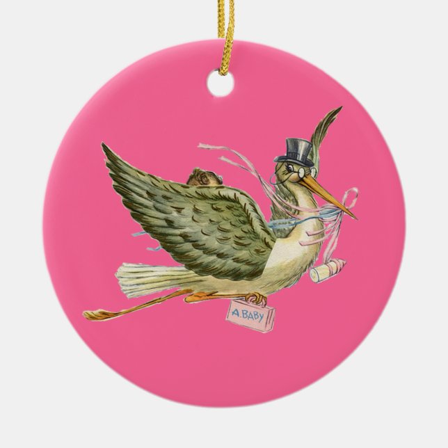 STORK BABY GIRL SHOWER MONOGRAM  Red Ruby Ceramic Ornament (Front)