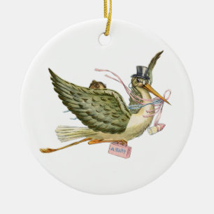 STORK BABY GIRL SHOWER MONOGRAM  Red Ruby Ceramic Ornament