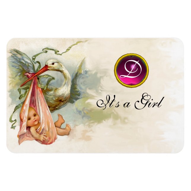 STORK BABY GIRL SHOWER MONOGRAM,White Magnet (Horizontal)