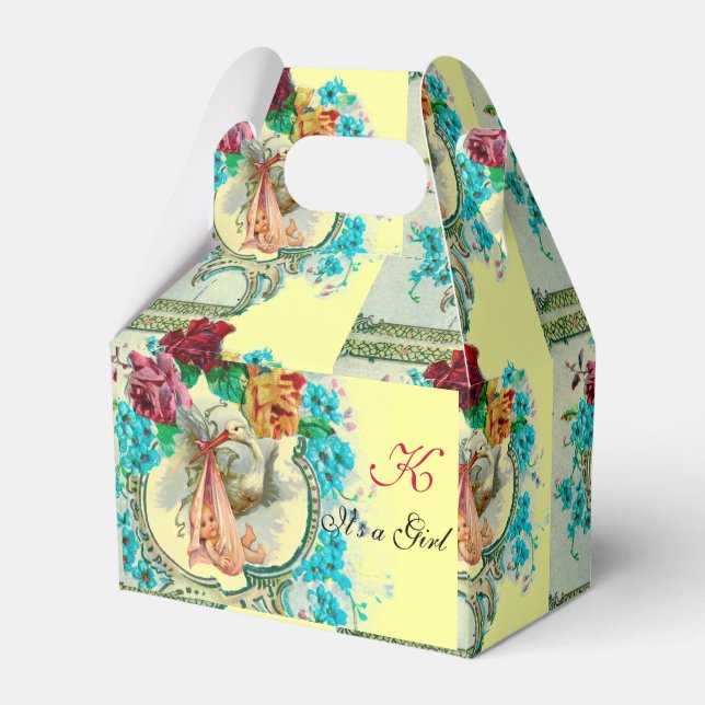 STORK BABY GIRL SHOWER MONOGRAM Yellow Favor Box (Front Side)