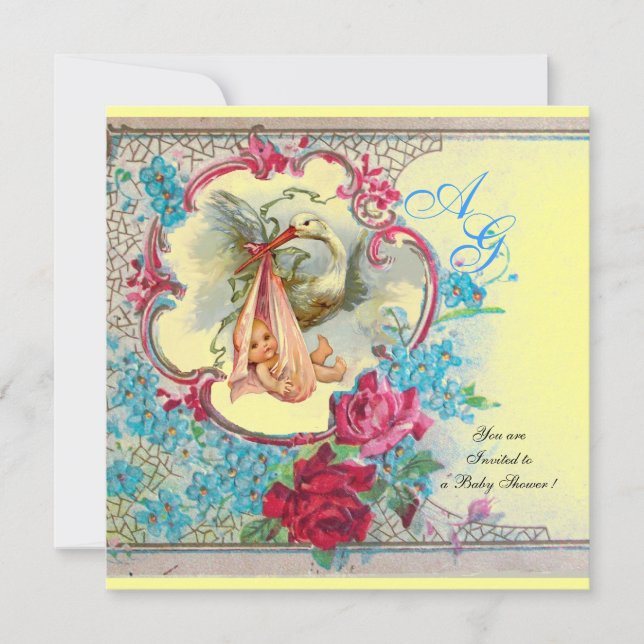 STORK BABY GIRL SHOWER PINK BLUE FLORAL MONOGRAM INVITATION (Front)