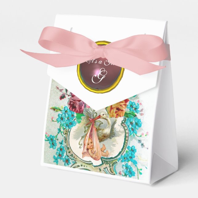 STORK BABY GIRL SHOWER PINK GEM MONOGRAM White Favor Box (Front Side)