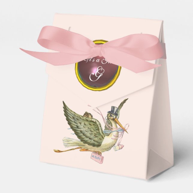 STORK BABY GIRL SHOWER PINK GEM STONE MONOGRAM FAVOR BOX (Front Side)