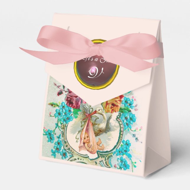 STORK BABY GIRL SHOWER PINK GEM STONE MONOGRAM FAVOR BOX (Front Side)
