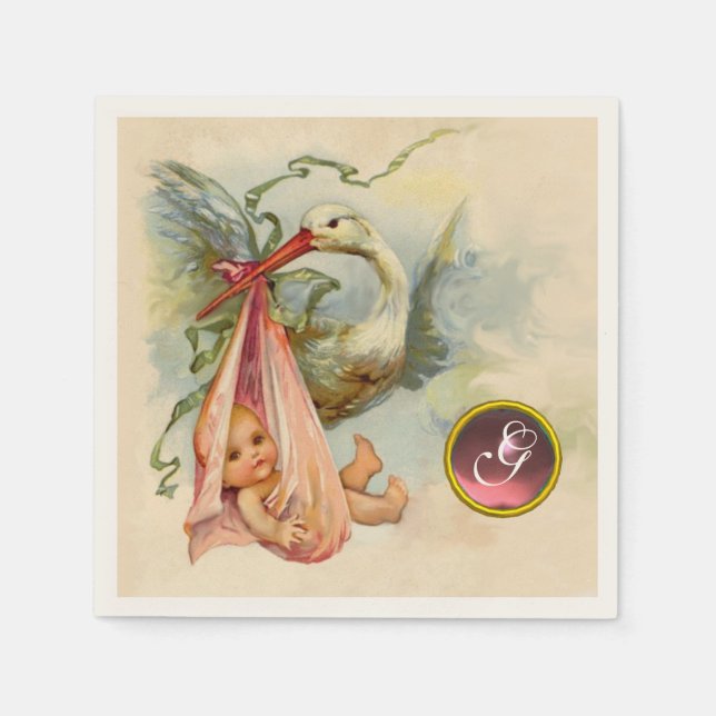 STORK BABY GIRL SHOWER PINK GEM STONE MONOGRAM NAPKIN (Front)
