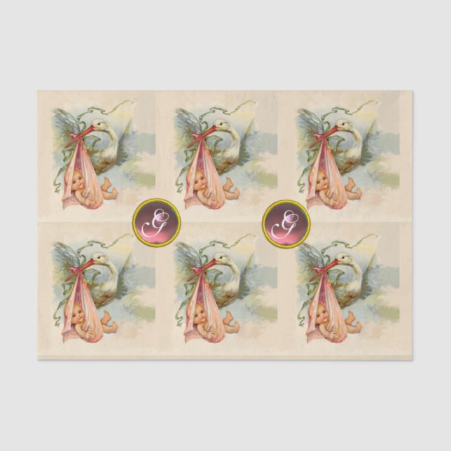 STORK BABY GIRL SHOWER PINK GEM STONE MONOGRAM TISSUE PAPER (Front)