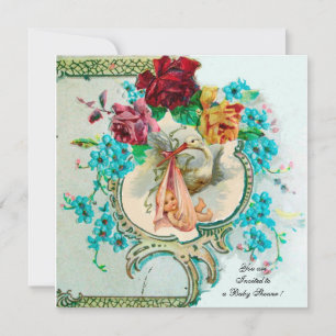 STORK BABY GIRL SHOWER,PINK ROSES AND BLUE FLOWERS INVITATION