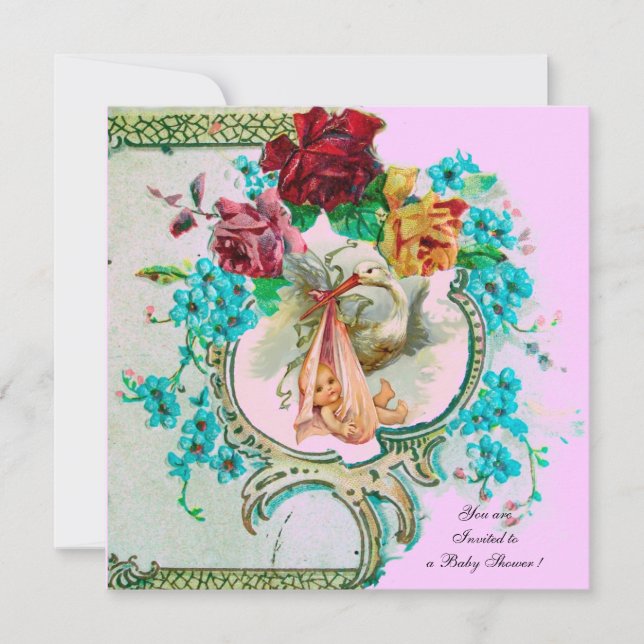 STORK BABY GIRL SHOWER,PINK ROSES AND BLUE FLOWERS INVITATION (Front)