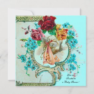 STORK BABY GIRL SHOWER,PINK ROSES AND BLUE FLOWERS INVITATION