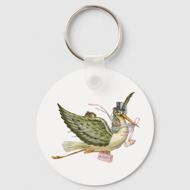 STORK BABY GIRL SHOWER Pink White Keychain (Front)