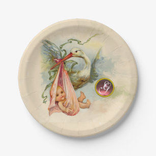 STORK BABY GIRL SHOWER PINKGEM STONE MONOGRAM PAPER PLATE