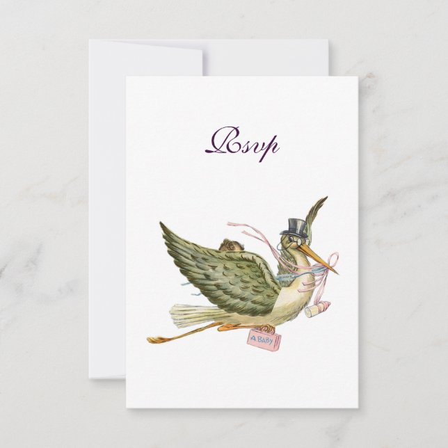 STORK BABY GIRL SHOWER ,RSVP, pink white RSVP Card (Front)