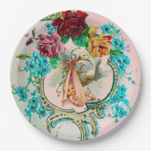 STORK BABY GIRL SHOWER WITH PINK ROSES AND FLOWERS PAPER PLATE