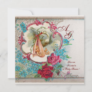 STORK BABY GIRL SHOWER WITH PINK ROSES MONOGRAM INVITATION