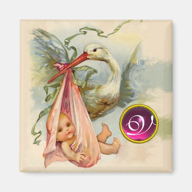 STORK BABY SHOWER 2 MONOGRAM ,ruby Magnet (Front)