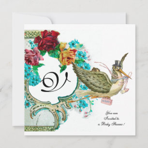 STORK BABY SHOWER 3 MONOGRAM,white Invitation