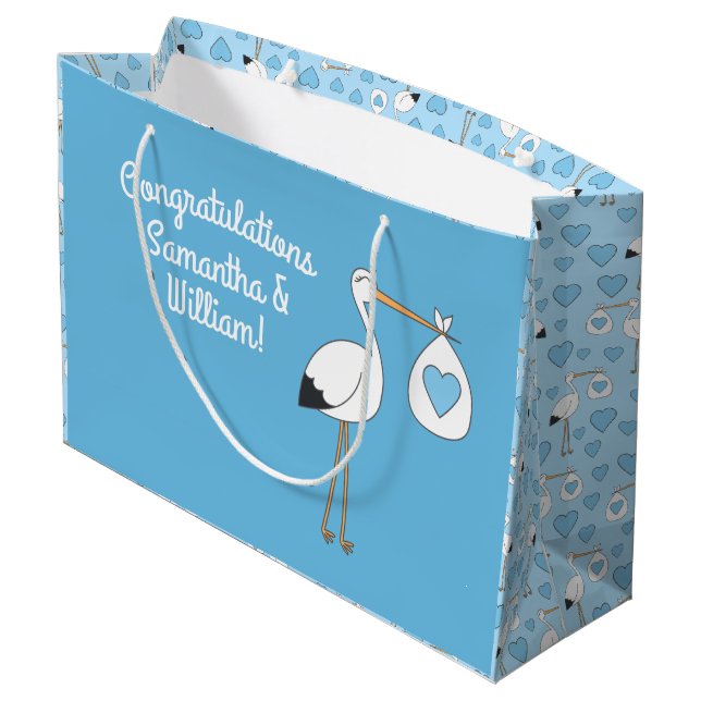 Stork Baby Shower Blue Boy Large Gift Bag (Back Angled)