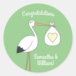 Stork Baby Shower Green Classic Round Sticker