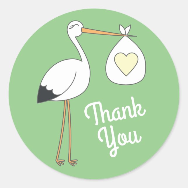 Stork Baby Shower Green Gender Neutral Classic Round Sticker (Front)