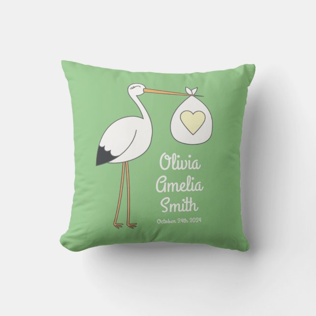 Stork Baby Shower Green Spring Throw Pillow (Front)