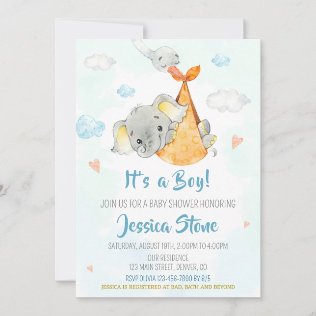 Stork baby shower invitation Boy baby elephant (Front)