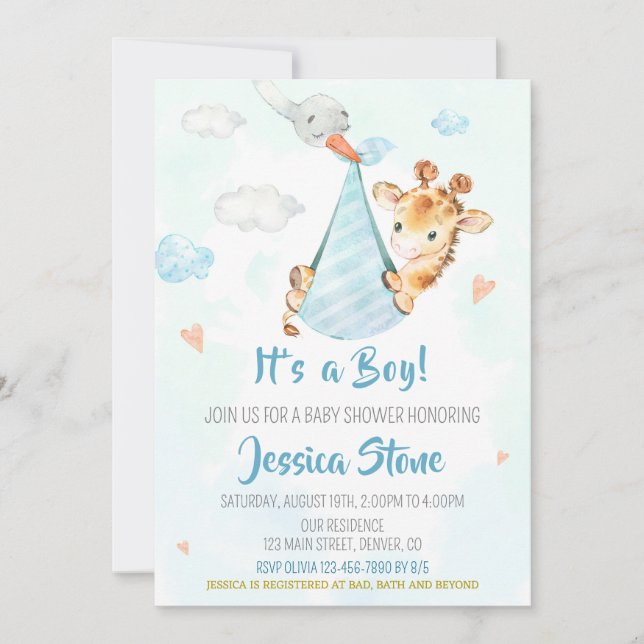 Stork baby shower invitation Giraffe party invite (Front)