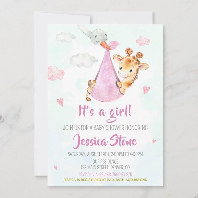 Stork baby shower invitation Giraffe party invite (Front)