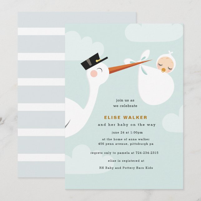 Stork Baby Shower Invitation with Clouds (Front/Back)