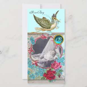 STORK BABY SHOWER MONOGRAM ,aquamarine Announcement