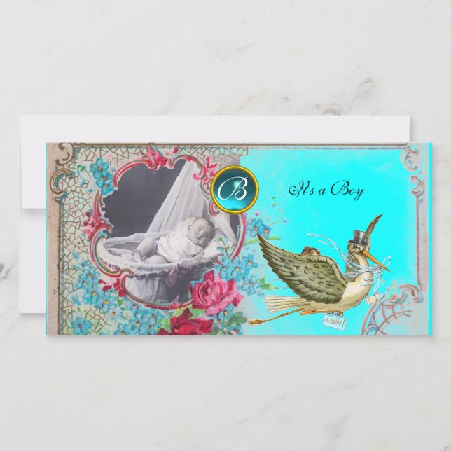 STORK BABY SHOWER MONOGRAM ,aquamarine,white Announcement (Front)