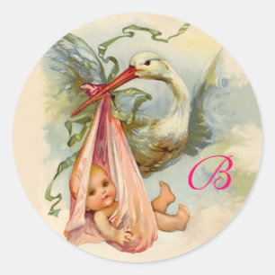 STORK BABY SHOWER  MONOGRAM , CLASSIC ROUND STICKER