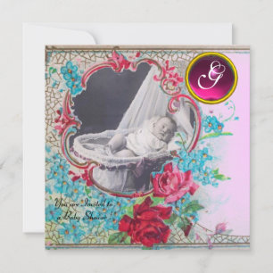 STORK BABY SHOWER MONOGRAM PHOTO TEMPLATE,white Invitation