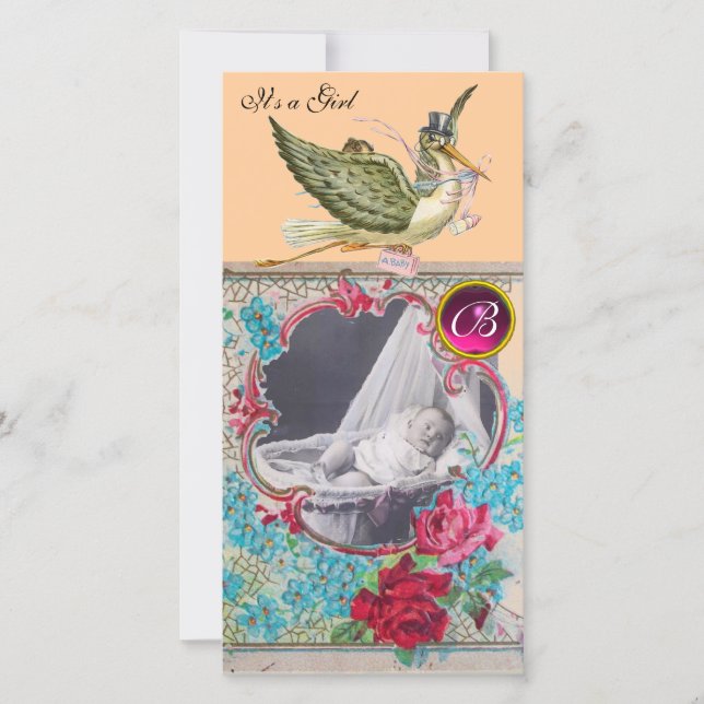 STORK BABY SHOWER MONOGRAM ,ruby Announcement (Front)