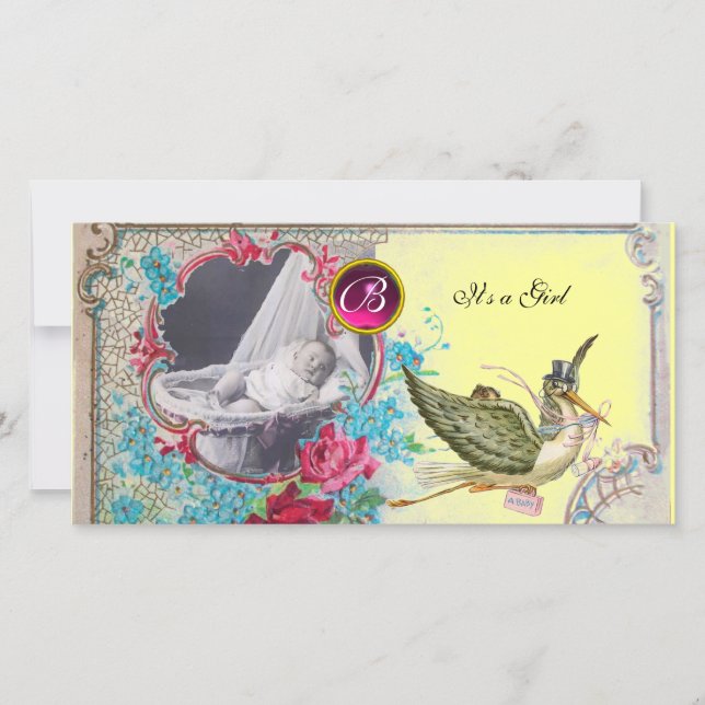 STORK BABY SHOWER MONOGRAM ,ruby,white Announcement (Front)