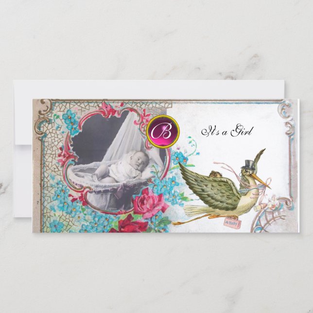 STORK BABY SHOWER MONOGRAM ,ruby,white Announcement (Front)