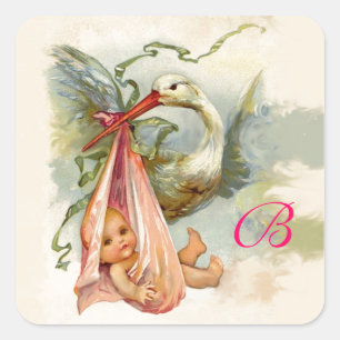 STORK BABY SHOWER  MONOGRAM , SQUARE STICKER