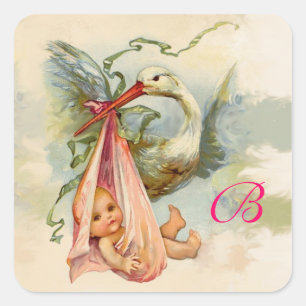 STORK BABY SHOWER  MONOGRAM , SQUARE STICKER