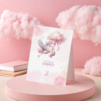Stork Baby Shower – Pink Clouds & Gold sparkle Table Number