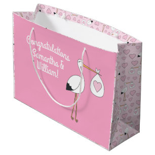 Stork Baby Shower Pink Girl Cute Cartoon Large Gift Bag