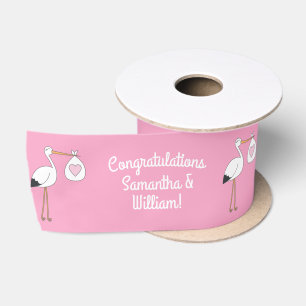 Stork Baby Shower Pink Girl Cute Cartoon Satin Ribbon