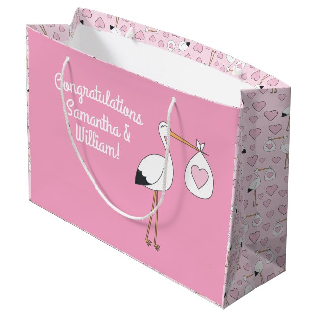 Stork Baby Shower Pink Girl Large Gift Bag (Back Angled)