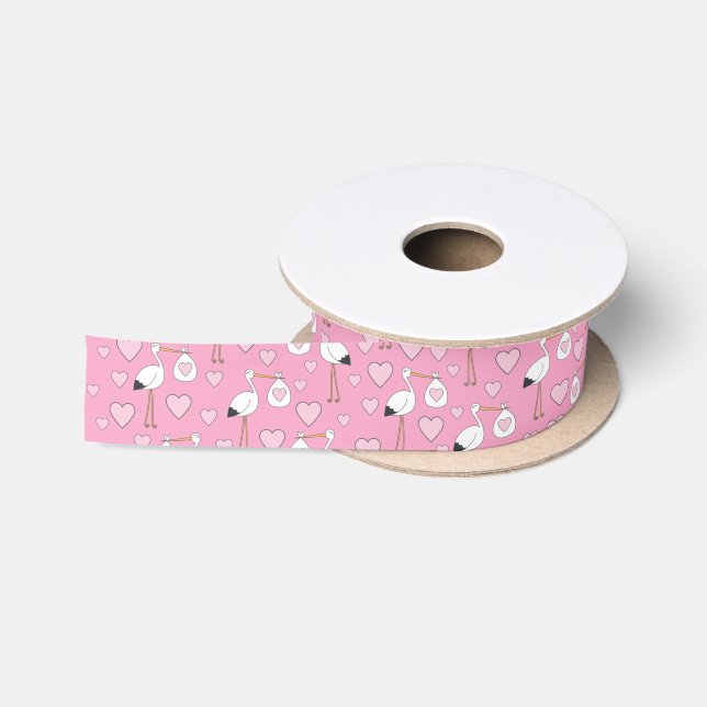 Stork Baby Shower Pink Girl Satin Ribbon (Spool)