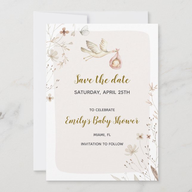 Stork baby shower save the date (Front)