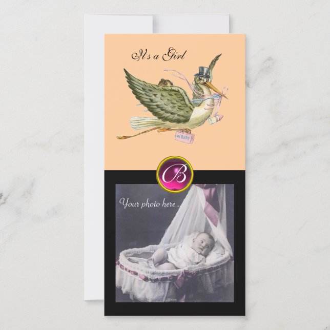 STORK BABY SHOWER SQUARE MONOGRAM ruby Announcement (Front)