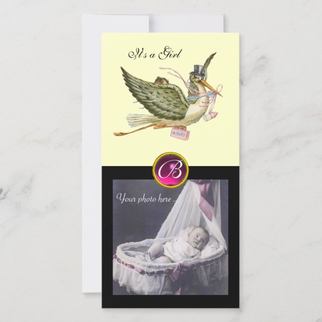 STORK BABY SHOWER SQUARE MONOGRAM ruby cream Announcement (Front)