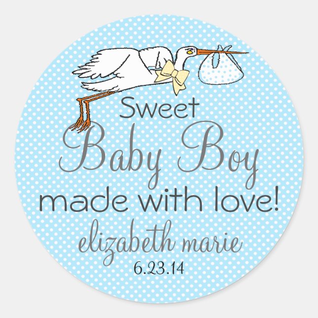 Stork Blue Baby Shower Favour Classic Round Sticker (Front)