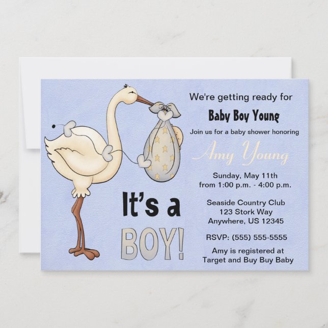 Stork Blue Boy Baby Shower Invitation (Front)