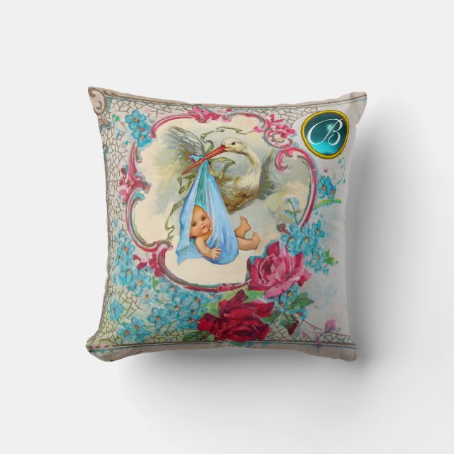 STORK BLUE BOY BABY SHOWER ROSES FLORAL MONOGRAM THROW PILLOW (Front)
